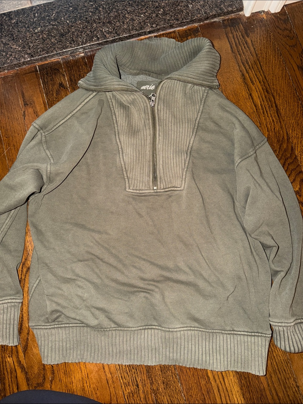 Women’s Olive Quarter-Zip Ribbed Funnel Neck Sweatshirt aerie - Picture 1 of 4